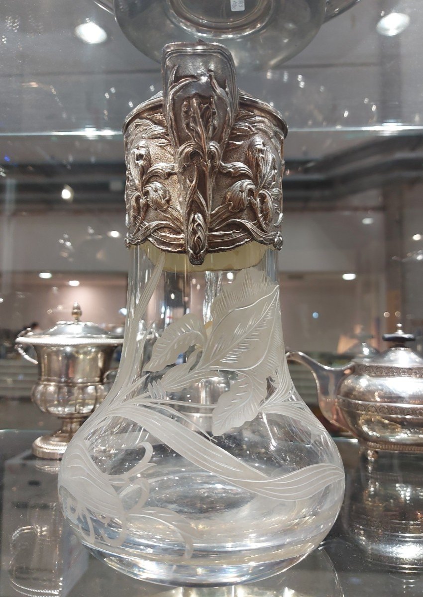 Caraffa Art Nouveau in argento e vetro-photo-2